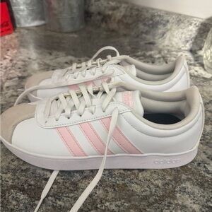 Adidas Women's White and Pink Striped Sneakers